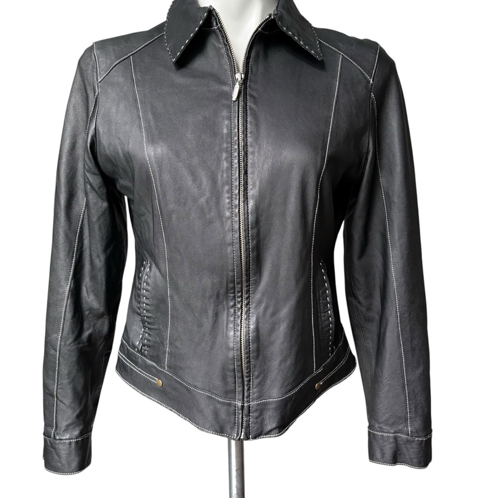 CABI Black Leather Jacket With Contrast Top Stitching (runs very small) - Picture 3 of 15